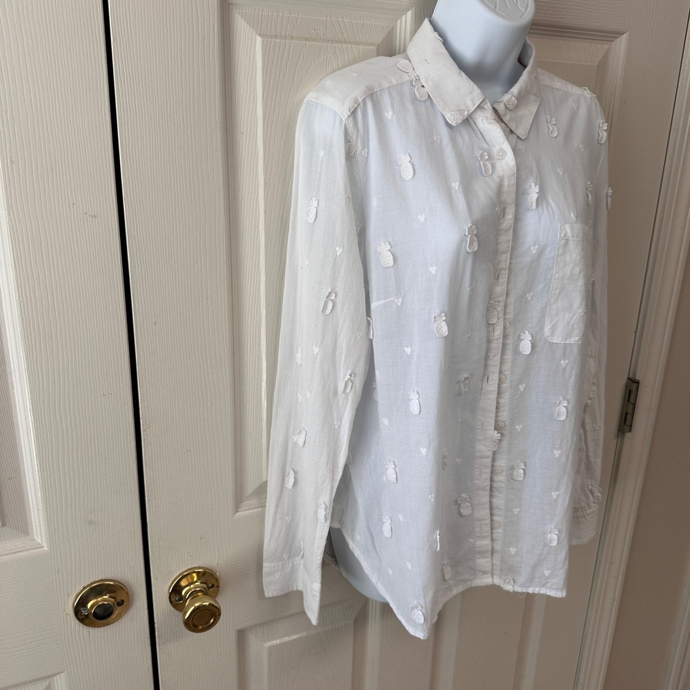 Anthropologie Maeve Sheer Cotton Classic Embroidered Pineapple Button Shirt 14 - Picture 4 of 9